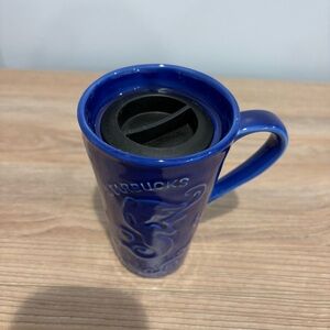 Starbucks Cobalt Blue Siren Mermaid Tall Coffee  Travel Mug. Ceramic Cup w/Lid